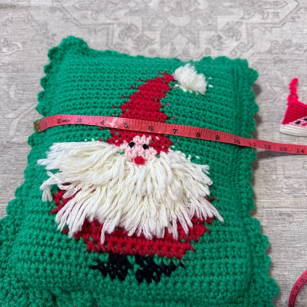 Vintage Green and Red Santa Crochet Pillow Christmas Holiday Decor